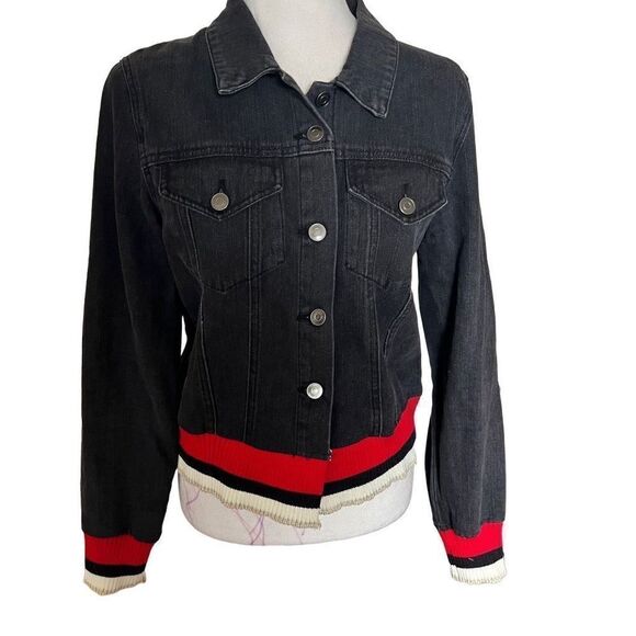 Design Lab Women's Ribbed Knit Hem Button Down Denim Jacket Black Red Medium - Picture 1 of 5
